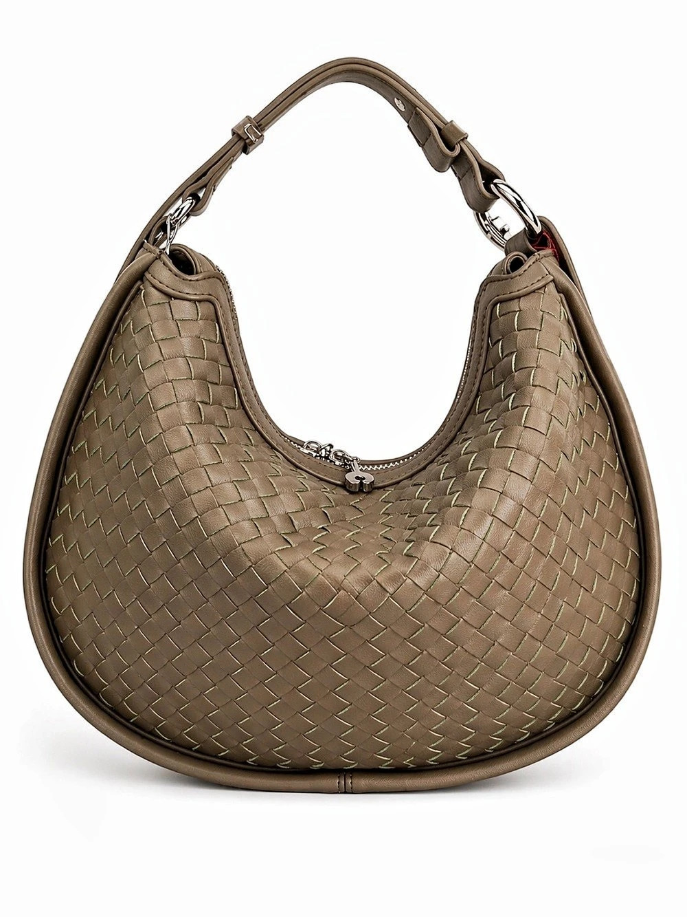 Olive Green Woven Hobo Shoulder Bag with Silver-Tone Hardware